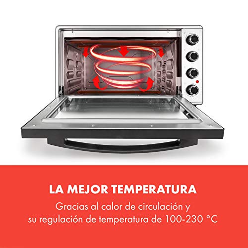 KLARSTEIN Masterchef 60 Mini Horno - 60 litros, 2000 W, temperatura: 100-230 °C, asador giratorio, función de circulación de aire, temporizador, puerta de doble cristal, acero inoxidable, plata
