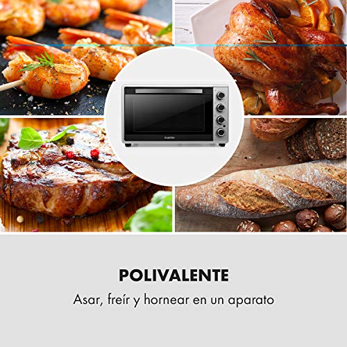 KLARSTEIN Masterchef 60 Mini Horno - 60 litros, 2000 W, temperatura: 100-230 °C, asador giratorio, función de circulación de aire, temporizador, puerta de doble cristal, acero inoxidable, plata