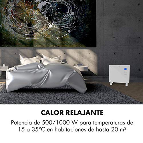Klarstein Norderney - Calefactor-convector, 2 niveles, Protección IP24, Termostato, Sensor temperatura, Detector heladas, Suelo/Pared, Panel cristal, Pantalla LCD, Control táctil, 1.000 W, Blanco