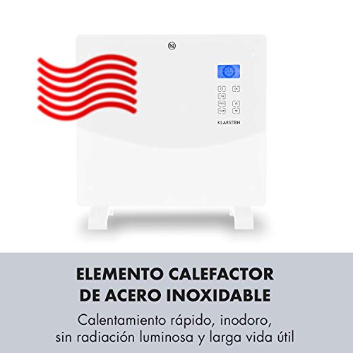 Klarstein Norderney - Calefactor-convector, 2 niveles, Protección IP24, Termostato, Sensor temperatura, Detector heladas, Suelo/Pared, Panel cristal, Pantalla LCD, Control táctil, 1.000 W, Blanco