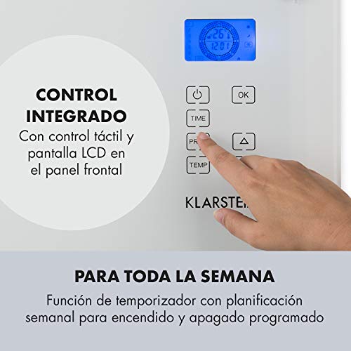 Klarstein Norderney - Calefactor-convector, 2 niveles, Protección IP24, Termostato, Sensor temperatura, Detector heladas, Suelo/Pared, Panel cristal, Pantalla LCD, Control táctil, 1.000 W, Blanco