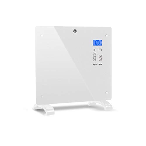 Klarstein Norderney - Calefactor-convector, 2 niveles, Protección IP24, Termostato, Sensor temperatura, Detector heladas, Suelo/Pared, Panel cristal, Pantalla LCD, Control táctil, 1.000 W, Blanco