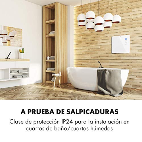 Klarstein Norderney - Calefactor-convector, 2 niveles, Protección IP24, Termostato, Sensor temperatura, Detector heladas, Suelo/Pared, Panel cristal, Pantalla LCD, Control táctil, 1.000 W, Blanco