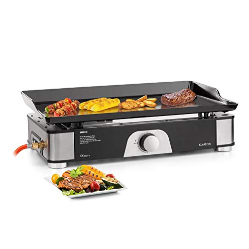 Klarstein Orfeo Plancha a gas - 3,5 kW, 350 ° C, Concepto InstantReady, Sistema de encendido SNAP-JET, Espesor de la placa de acero: 4 mm, Sumidero extraíble, Acero inoxidable, Negro