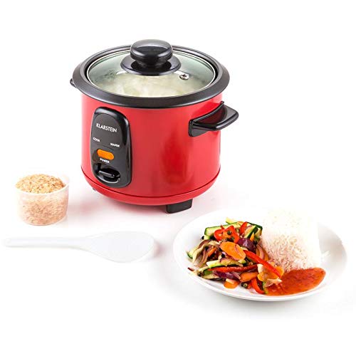Klarstein Osaka olla arrocera (300 W, 0,6 L, antiadherente, apagado automático con función de mantenimiento en calor, tapa de vidrio, incluye cucharón y vaso medidor de arroz) - rojo