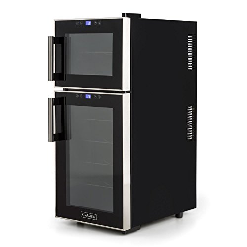 Klarstein Reserva 21 - Nevera para vinos, Nevera para bebidas, 56 Litros, 21 Botellas, 2 Zonas, 5 Baldas de madera extraíbles, Control Táctil, Iluminación interior LED, Muy silencioso, Negro
