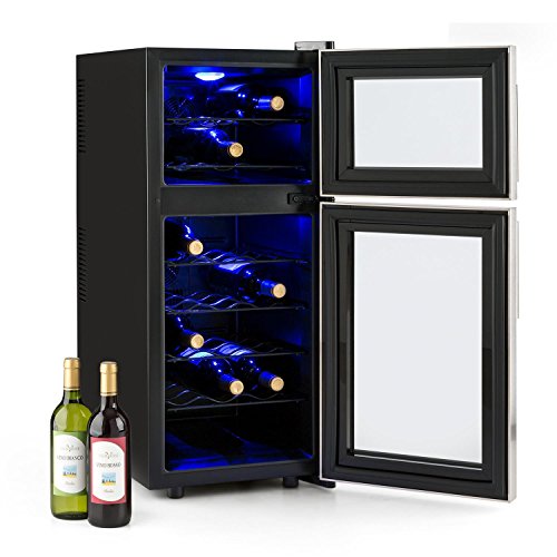Klarstein Reserva 21 - Nevera para vinos, Nevera para bebidas, 56 Litros, 21 Botellas, 2 Zonas, 5 Baldas de madera extraíbles, Control Táctil, Iluminación interior LED, Muy silencioso, Negro