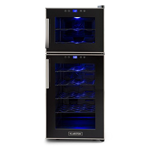 Klarstein Reserva 21 - Nevera para vinos, Nevera para bebidas, 56 Litros, 21 Botellas, 2 Zonas, 5 Baldas de madera extraíbles, Control Táctil, Iluminación interior LED, Muy silencioso, Negro