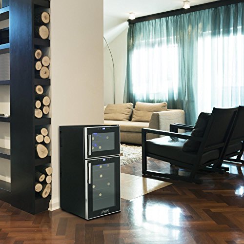 Klarstein Reserva 21 - Nevera para vinos, Nevera para bebidas, 56 Litros, 21 Botellas, 2 Zonas, 5 Baldas de madera extraíbles, Control Táctil, Iluminación interior LED, Muy silencioso, Negro