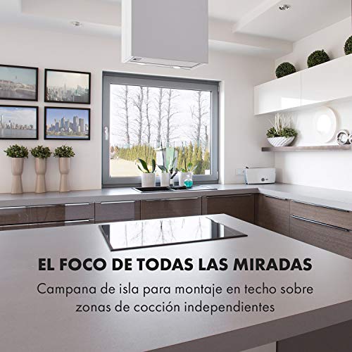 Klarstein Structura - Campana extractora en isla, Clase A, Extracción, Ventilación, 3 potencias, Caudal 641 m³/h, 41 x 35,5 cm, LED, Apto para filtro de carbón activo, Acero inoxidable, Plateado