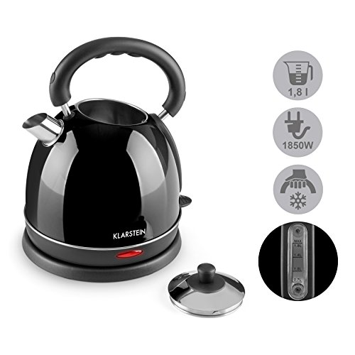 KLARSTEIN Teatime Hervidor de Agua - Inalámbrico, Tetera eléctrica, Diseño Retro, Acero Inoxidable, 1,8 L, 1850-2200 W, Asa con Sistema Cool Touch, recogecable, Filtro antical, Negro