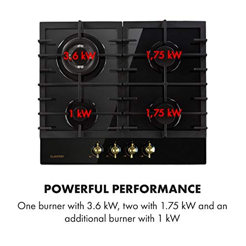Klarstein Victoria – cocina de gas de 4 fogones, 4 llamas, autárquico, 60 cm, encastrable, quemador Sabaf, propano, gas natural, válvulas de seguridad, autoapagado, portaollas de hierro fundido, negro