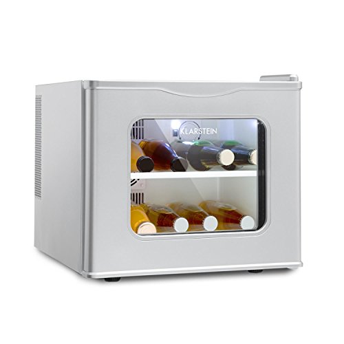 Klarstein Winehouse Minibar - Vinoteca, Nevera de Bebidas y tentempiés, 17 L, Silenciosa 38 dB, 8 a 18 °C, Refrigerador bajo Consumo 60 W, Acero Inoxidable, Plateado