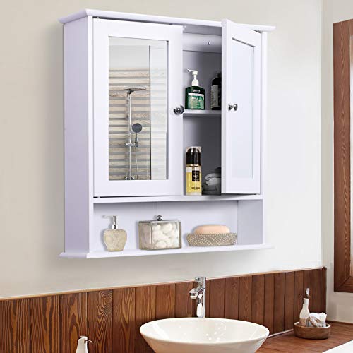 kleankin Armario de Baño con Espejo de Pared con 2 Puertas Armario de 3 Niveles para Almacenamiento Armario de Pared para Cocina Baño Salón Tablero de MDF Fuerte y Fácil de Limpiar Blanco 56x13x58cm