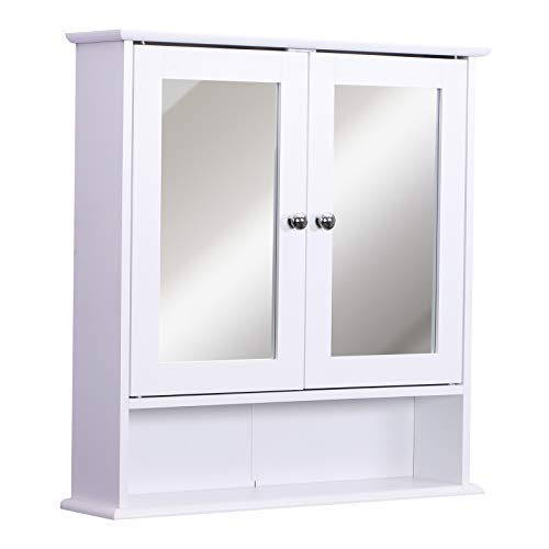 kleankin Armario de Baño con Espejo de Pared con 2 Puertas Armario de 3 Niveles para Almacenamiento Armario de Pared para Cocina Baño Salón Tablero de MDF Fuerte y Fácil de Limpiar Blanco 56x13x58cm