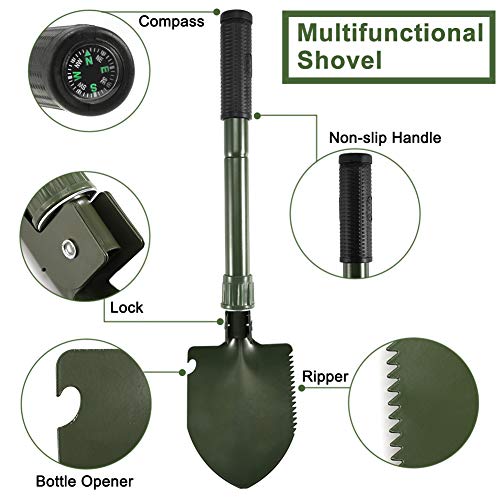 KNMY Pala Plegable, 4 en 1 Multifunción Acero Carbono Pala, Herramienta de Supervivencia Salvaje con Bolsa de Transporte, para Camping, Senderismo, Actividades al Aire Libre