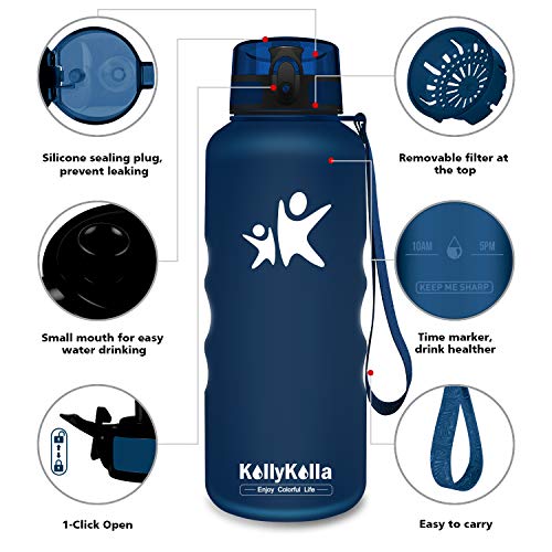 KollyKolla Botella Agua Sin BPA Deportes -1.5L, Reutilizables Ecológica Tritan Plástico, Bebidas Botellas con Filtro & Marcador de Tiempo, para Cámping, Tapa Abatible de 1 Clic, Azul Oscuro Mate