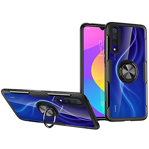 KONEE Funda Compatible con Xiaomi Mi 9 Lite, 【Transparente Anti-Rasguños 】 【360° Giratorio Anilla Posterior】 【Compatible con Soporte de Montaje Magnético del Coche】 Carcasa para Xiaomi Mi 9 Lite