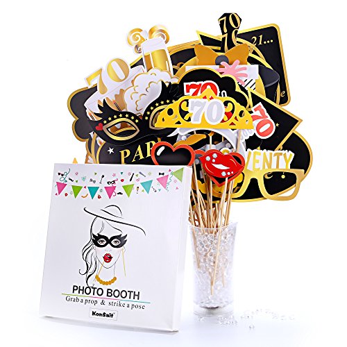 Konsait DIY Photo Booth Props Cumpleaños 70 Años Cabina de Fotos Accesorios Photocall máscaras Gafas en Palos para Negro y Oro 70 Años de Antigüedad Fiesta de Cumpleaños Decoraciones (50pcs)