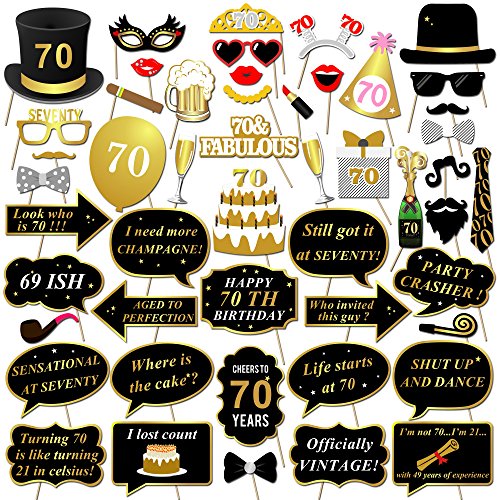 Konsait DIY Photo Booth Props Cumpleaños 70 Años Cabina de Fotos Accesorios Photocall máscaras Gafas en Palos para Negro y Oro 70 Años de Antigüedad Fiesta de Cumpleaños Decoraciones (50pcs)