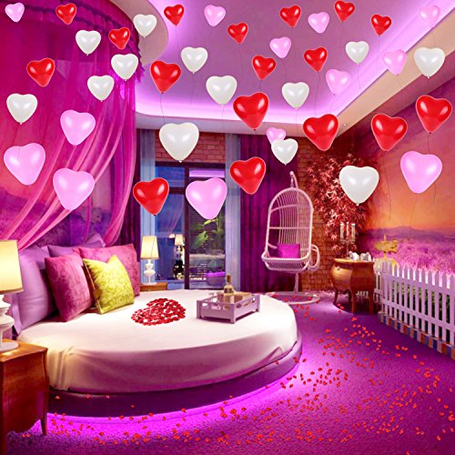 Konsait Globos de Corazon Colores Rojo Rosa Blanco Globos de látex y Pétalos de Rosa en Seda Roja Bodas Fiestas Confeti (1000Uds) para Contrato, Cumpleaños Fiesta de Boda decoración