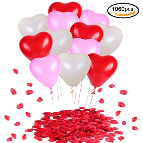 Konsait Globos de Corazon Colores Rojo Rosa Blanco Globos de látex y Pétalos de Rosa en Seda Roja Bodas Fiestas Confeti (1000Uds) para Contrato, Cumpleaños Fiesta de Boda decoración