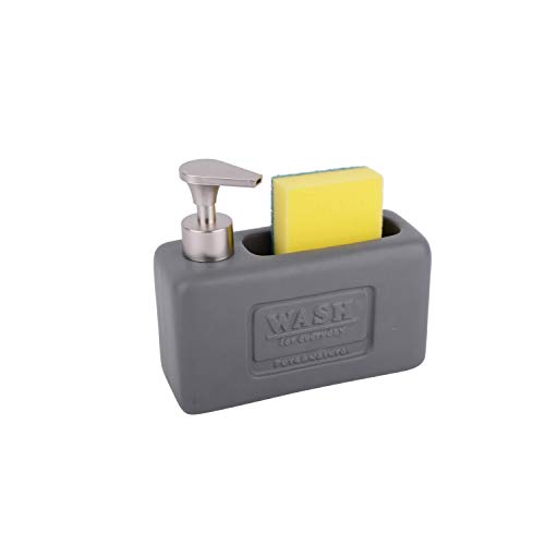 KOOK TIME Dispensador de jabón líquido para Cocina Wash con Estropajo – Cerámica/ABS (Gris Oscuro Mate)