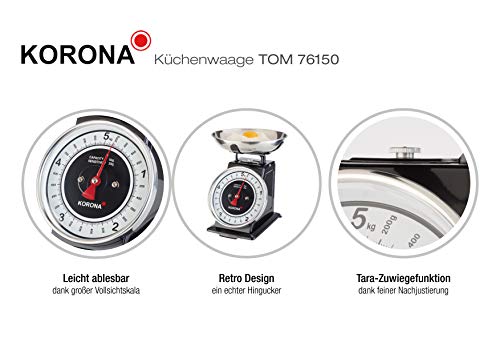 Korona TOM Mechanical kitchen scale Negro, Acero inoxidable, Blanco Mesa - Báscula de cocina (Mechanical kitchen scale, 5 kg, 20 g, Negro, Acero inoxidable, Blanco, Mesa, Analógica)
