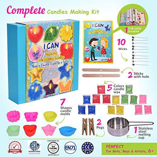 KRAFTZLAB El mejor kit para fabricación de velas - Incluye 5 colores de cera de vela, 7 moldes de vela, 10 mechas, 1 copa de fusión y más