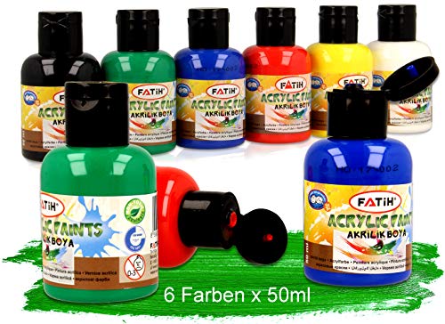 KrevoArt - Juego de pinturas acrílicas para niños y adultos, 6 colores acrílicos de 50 ml, certificado TÜV Nord, resistentes al agua, para lienzo, madera, arcilla, papel