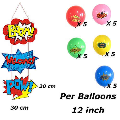 KRUCE Kit Completo de Suministros para Fiestas de superhéroes, Mantel de superhéroes, Adornos de Pastel, Globos y Letrero de Puerta de superhéroe para Decoraciones de Suministros para Fiestas