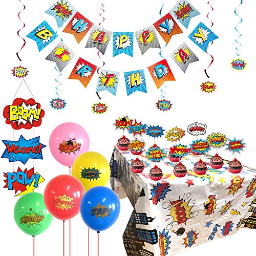 KRUCE Kit Completo de Suministros para Fiestas de superhéroes, Mantel de superhéroes, Adornos de Pastel, Globos y Letrero de Puerta de superhéroe para Decoraciones de Suministros para Fiestas