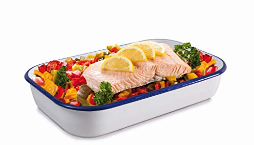 Krüger 'Karl 14136/B – Fuente de cocinar de Back de y lasaña Forma Pulgadas Husum 36 cm Fuente de, Molde, Acero, Color Blanco con Borde Azul, 36 x 23 x 7 cm