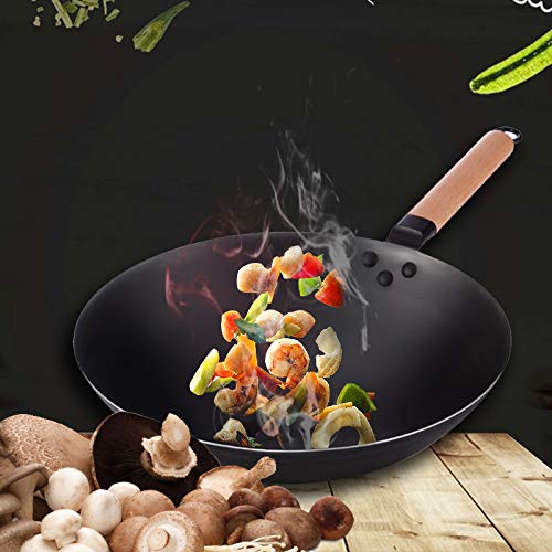 Kumkey Sartén De Hierro Wok Sin Revestimiento Sartén Antiadherente Asa De Madera Estufa De Gas De Fondo Redondo Para El Hogar Sofrito Ecológico Wok Suplemento De Hierro 32/34/36cm