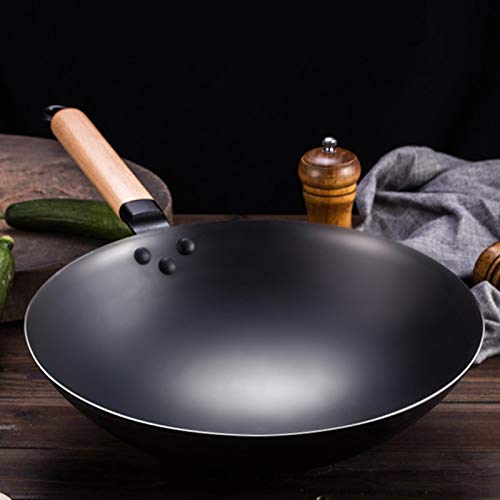 Kumkey Sartén De Hierro Wok Sin Revestimiento Sartén Antiadherente Asa De Madera Estufa De Gas De Fondo Redondo Para El Hogar Sofrito Ecológico Wok Suplemento De Hierro 32/34/36cm