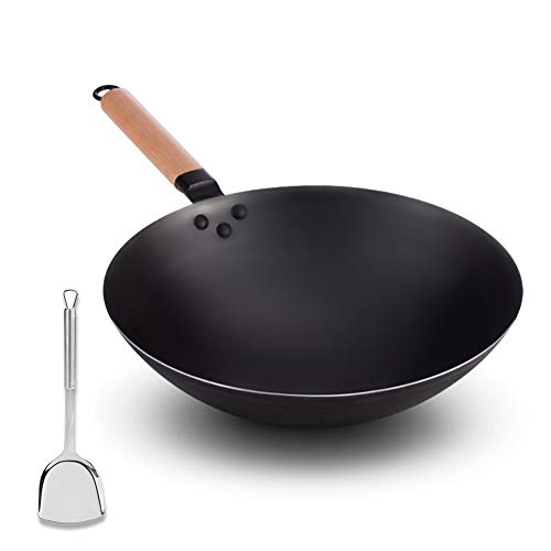 Kumkey Sartén De Hierro Wok Sin Revestimiento Sartén Antiadherente Asa De Madera Estufa De Gas De Fondo Redondo Para El Hogar Sofrito Ecológico Wok Suplemento De Hierro 32/34/36cm
