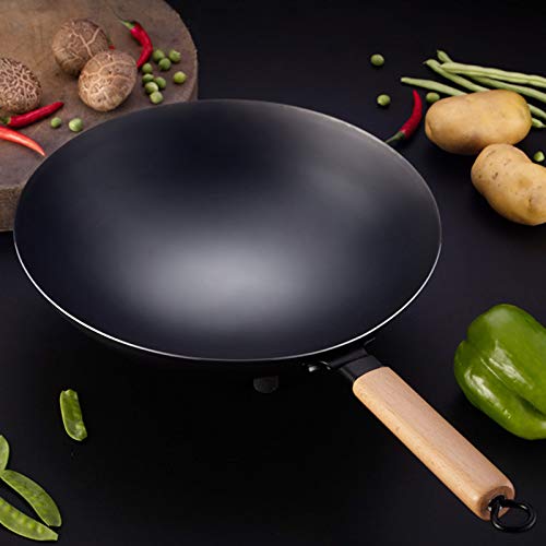 Kumkey Sartén De Hierro Wok Sin Revestimiento Sartén Antiadherente Asa De Madera Estufa De Gas De Fondo Redondo Para El Hogar Sofrito Ecológico Wok Suplemento De Hierro 32/34/36cm