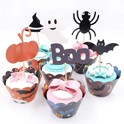 KungFu Mall 48 piezas de decoración para cupcakes calabaza murciélago araña fantasma para Halloween fiesta cumpleaños decoración de tartas