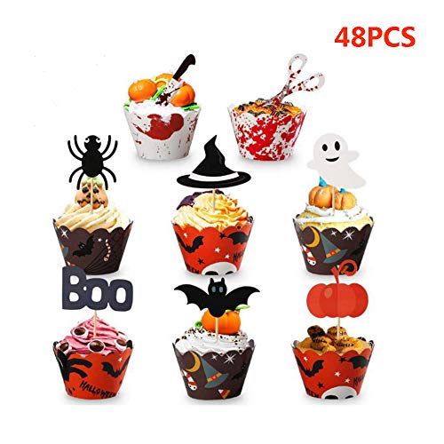 KungFu Mall 48 piezas de decoración para cupcakes calabaza murciélago araña fantasma para Halloween fiesta cumpleaños decoración de tartas