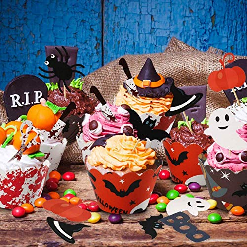KungFu Mall 48 piezas de decoración para cupcakes calabaza murciélago araña fantasma para Halloween fiesta cumpleaños decoración de tartas