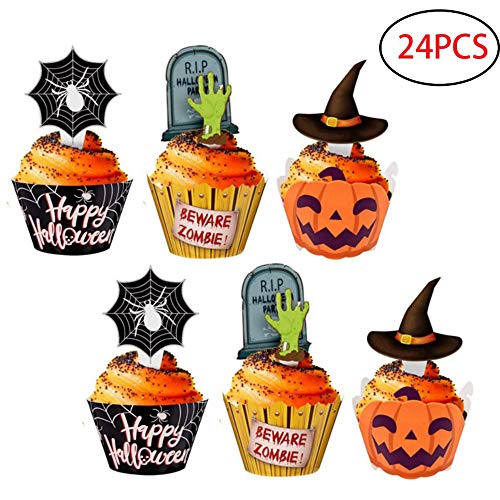 KungFu Mall Paquete de 24 piezas de decoraciones para cupcakes de Halloween para Halloween, fiestas, cumpleaños, decoración de alimentos