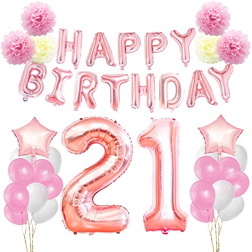 KUNGYO Decoraciones de Feliz Cumpleaños #21 Oro Rosa Happy Birthday Bandera Gigante Número 21 y Estrella de Helio Globos Cintas Flores de Papel Pom Globos de látex Fuentes Partido para Las Mujeres