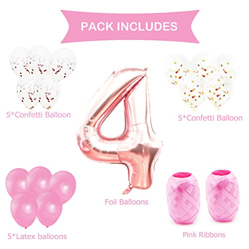 KUNGYO Decoraciones de Fiesta de Cumpleaños para Adultos y Niños, Oro Rosa Gigante Número 4 y Estrella de Helio Globos, Cintas, Globos de Confeti de Látex- Rose Gold Suministros de Fiesta