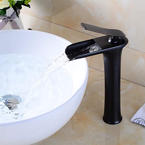 KUNGYO Moderno Cascada Grifo del Fregadero del Baño Lavabo en Latón, Válvula De Cerámica Mezclador Monomando para Lavamanos Alta (Negro)