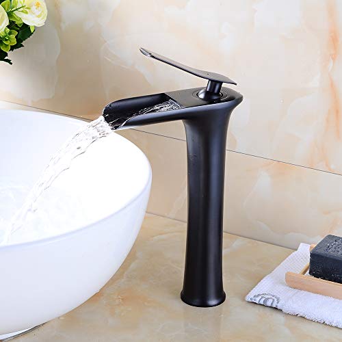 KUNGYO Moderno Cascada Grifo del Fregadero del Baño Lavabo en Latón, Válvula De Cerámica Mezclador Monomando para Lavamanos Alta (Negro)