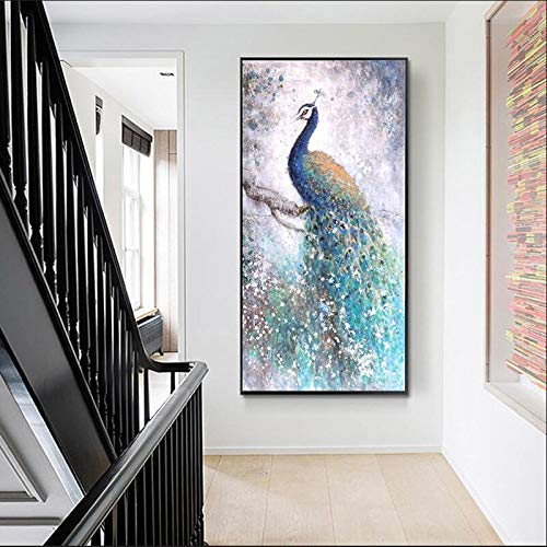KWzEQ Animal Living Room Peacock Mural Picture Lucky Bird Style póster de Gran tamaño e impresión de Arte Moderno,Pintura sin Marco,60X120cm