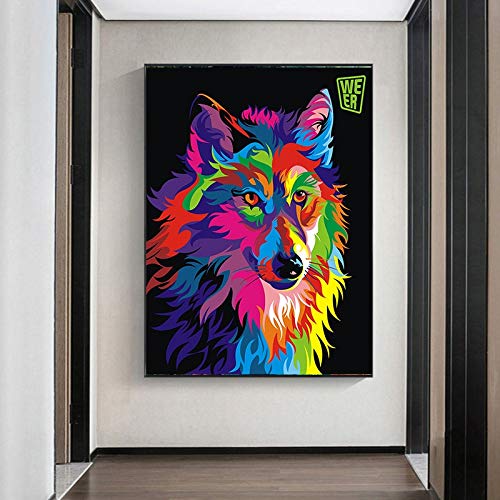 KWzEQ Cuadro En Lienzo Lobo Colorido para la decoración del hogar imágenes Cartel de Arte de Pared,60x80cm,Pintura sin Marco