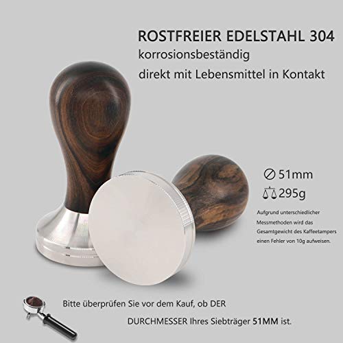 KYONANO [51mm] Tamper de café de acero inoxidable y mango de madera real, Jarra de leche [350 ml], libros electrónicos gratuitos - Set Barista para disfrutar del café