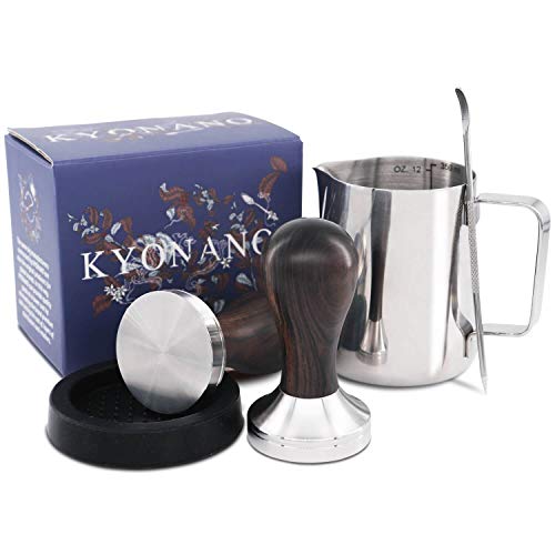 KYONANO [51mm] Tamper de café de acero inoxidable y mango de madera real, Jarra de leche [350 ml], libros electrónicos gratuitos - Set Barista para disfrutar del café