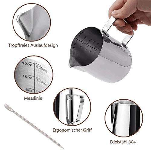 KYONANO [51mm] Tamper de café de acero inoxidable y mango de madera real, Jarra de leche [350 ml], libros electrónicos gratuitos - Set Barista para disfrutar del café